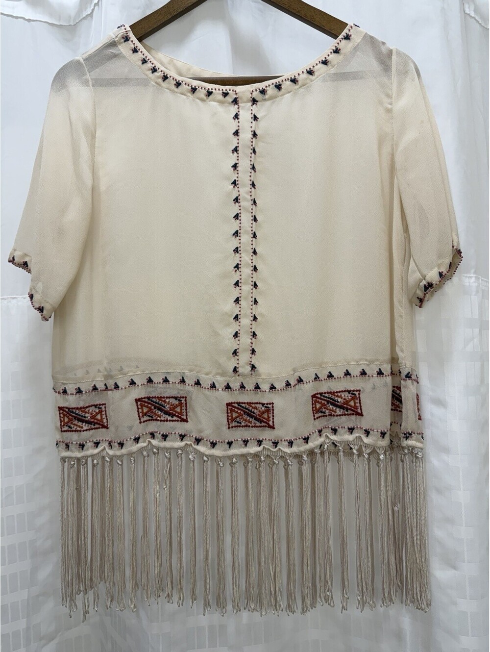 Chelsea & Violet Boho Fringe Embroidered Sheer Crop Top Festival Western Size M